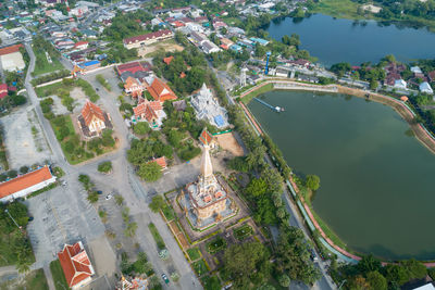 High angle view of river amidst buildings in city