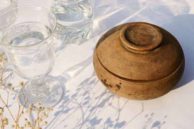 High angle view of glass on table