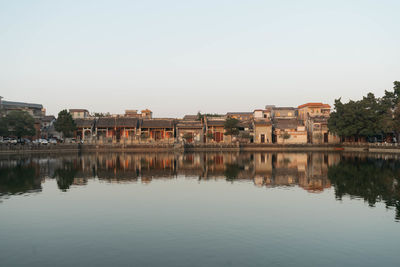 Reflection of building in lake against clear sky