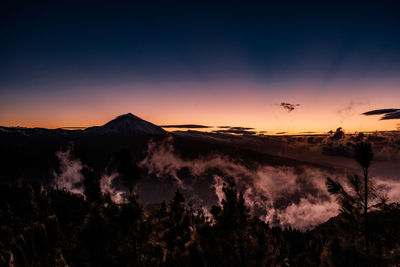 Scenic view of silhouette mountains against sky at sunset