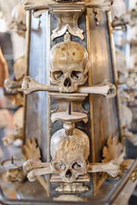 Close-up of human skull hanging on metal