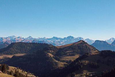 Scenic view of mountains against clear blue sky