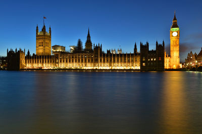 View of city lit up at night