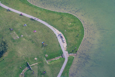 Aerial view of lakeshore in park