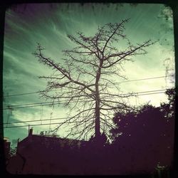 Low angle view of bare tree against cloudy sky