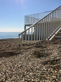 Surface level of beach against clear sky