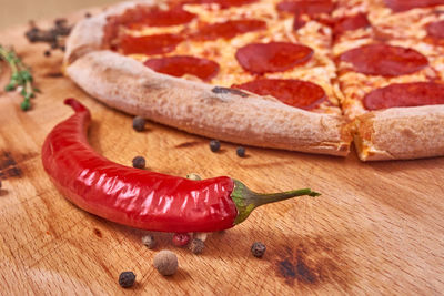Close-up of pizza on cutting board