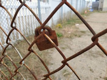 Close-up of padlock on chainlink fence