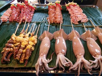 High angle view of seafood for sale in market