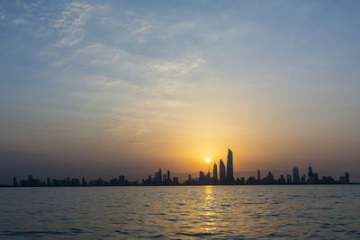 City at waterfront during sunset