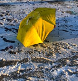 High angle view of yellow leaf floating on beach
