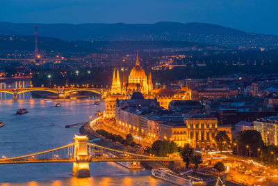 Illuminated buildings in city at night