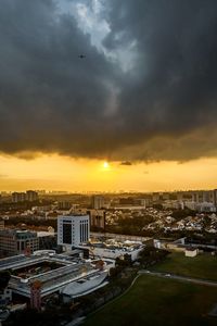 High angle view of buildings against sky during sunset