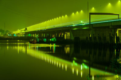 Illuminated bridge over river at night