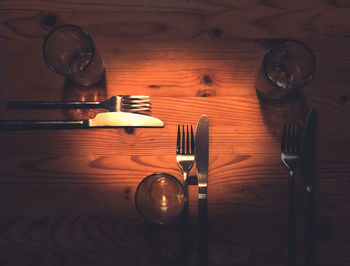 High angle view of wineglass on table