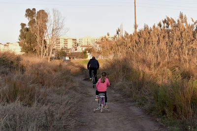 Rear view of people riding bicycle