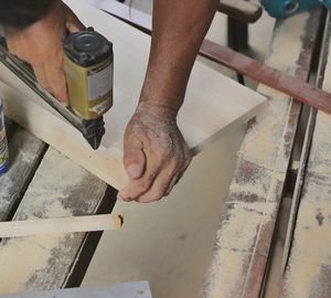 High angle view of man working on wood