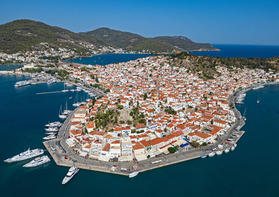 An aerial view, taken with a drone, of poros island in the saronic gulf, greece