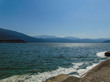 Scenic view of sea against clear blue sky