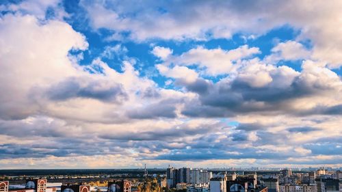 High angle view of buildings against sky