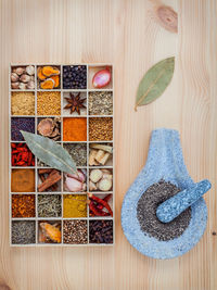 Directly above shot of colorful spices in container on wooden table