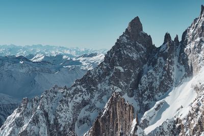 Panoramic view of snowcapped mountains against clear sky