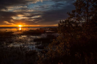 Scenic view of calm lake at sunset