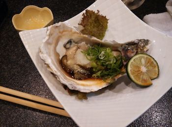 Close-up of food served on table