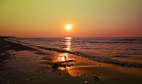 View of calm beach at sunset