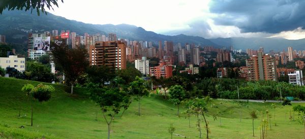 Cityscape with mountains in background