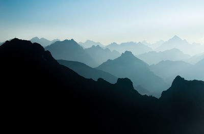 Scenic view of silhouette mountains against clear sky