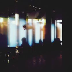 Rear view of woman standing in illuminated room