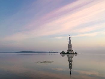 Reflection of bell tower in river at kalyazin