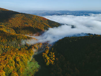 High angle view of trees and mountains against sky