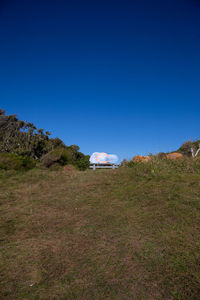 Scenic view of field against clear blue sky