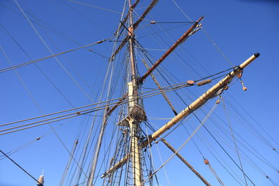 Low angle view of ship against clear blue sky