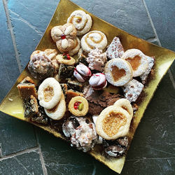 High angle view of dessert on table