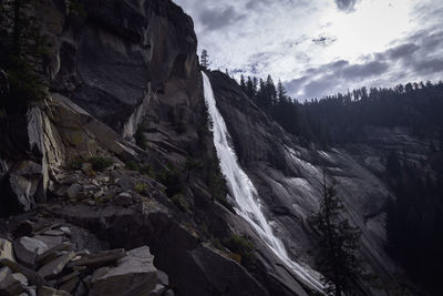 Scenic view of waterfall against sky