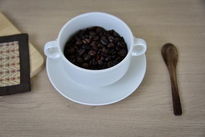 High angle view of coffee beans on table