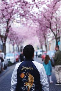 Rear view of man with cherry blossom on street