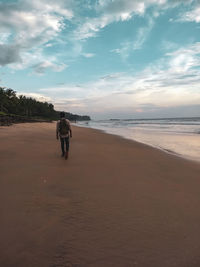 Rear view of men walking on beach against sky