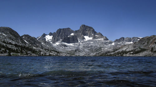 Scenic view of snow covered mountains against clear sky