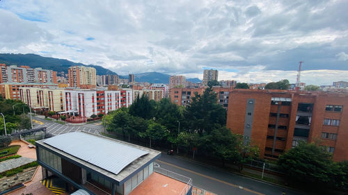 High angle view of buildings against sky