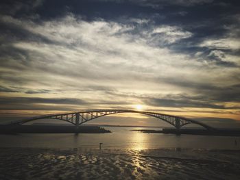 Bridge over river against cloudy sky