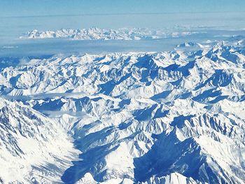 Aerial view of snowcapped mountains against sky