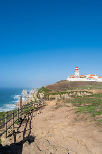 Scenic view of sea against clear blue sky