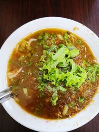 High angle view of soup in bowl