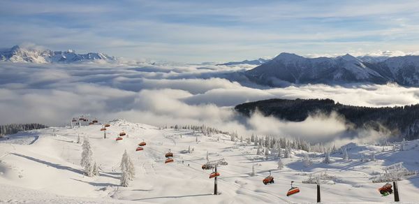 Scenic view of snow covered mountains against sky