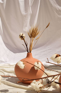 Earthenware vases and objects, pastel terracotta colors, with still life like vegetation