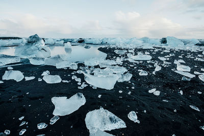 Breathtaking diamond beach on iceland in winter with large ice blocks, ice cubes